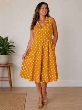 Mustard Yellow Polka Dot Fit & Flare Dress XL Retro Vintage Inspired Midi